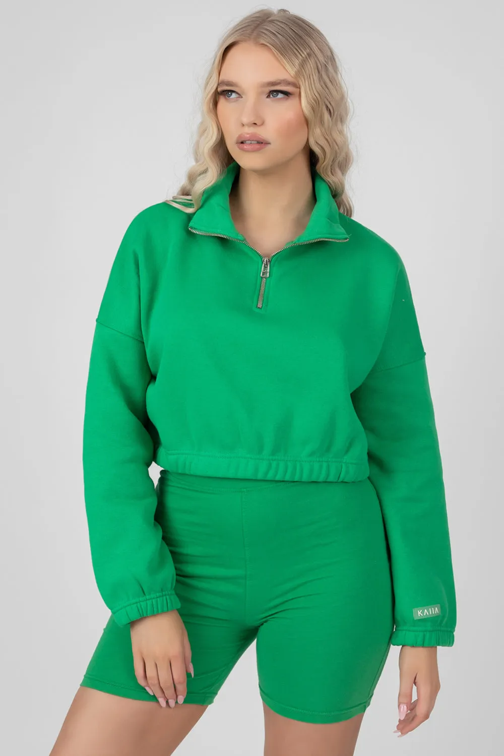 Oversized Half Zip Gathered Hem Sweat Green