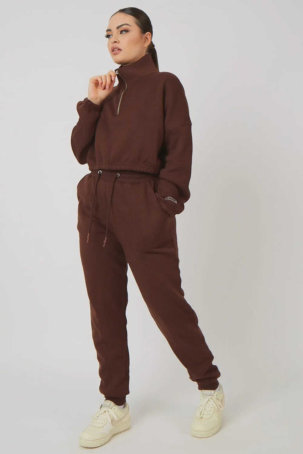 Oversized Half Zip Pullover Gathered Hem Sweat Chocolate