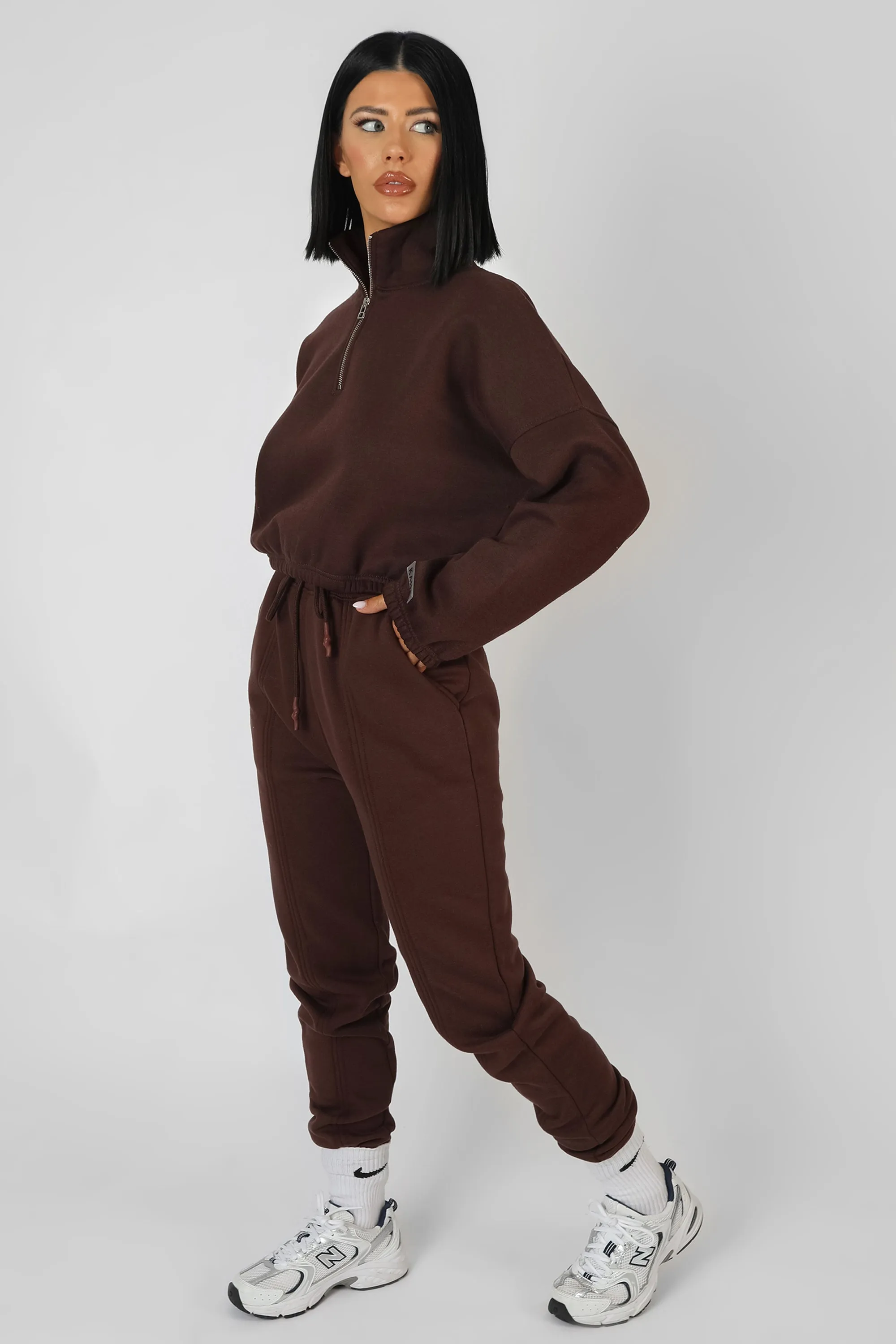 Oversized Half Zip Pullover Gathered Hem Sweat Chocolate