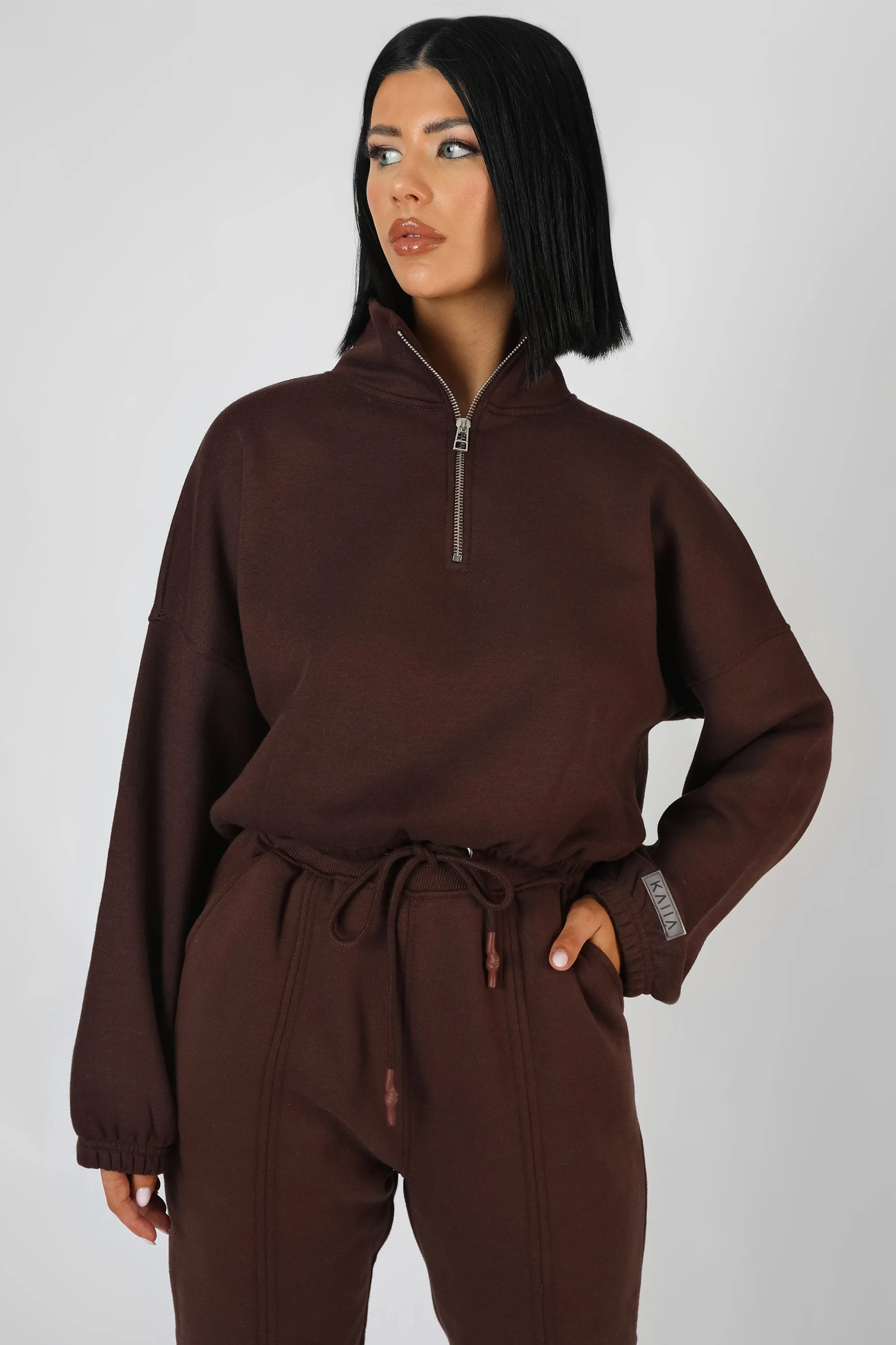 Oversized Half Zip Pullover Gathered Hem Sweat Chocolate