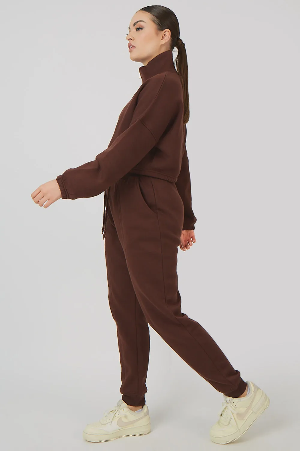 Oversized Half Zip Pullover Gathered Hem Sweat Chocolate