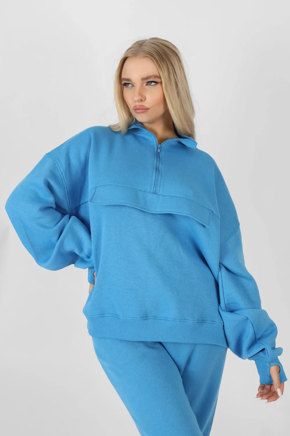 Oversized Half Zip Pullover Windbreaker Sweat Blue