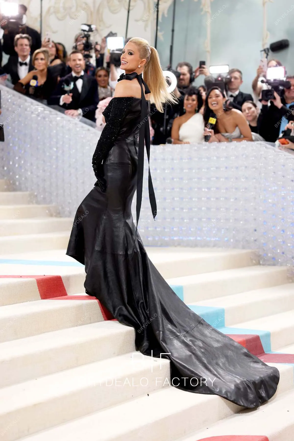 Paris Hilton 2023 Met Gala Black Sparkly Off Shoulder Leather Mermaid Dress