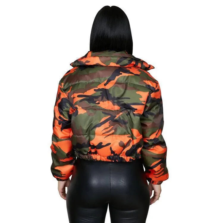 Parkas High Collar Full Sleeve Zipper Camouflage Coat