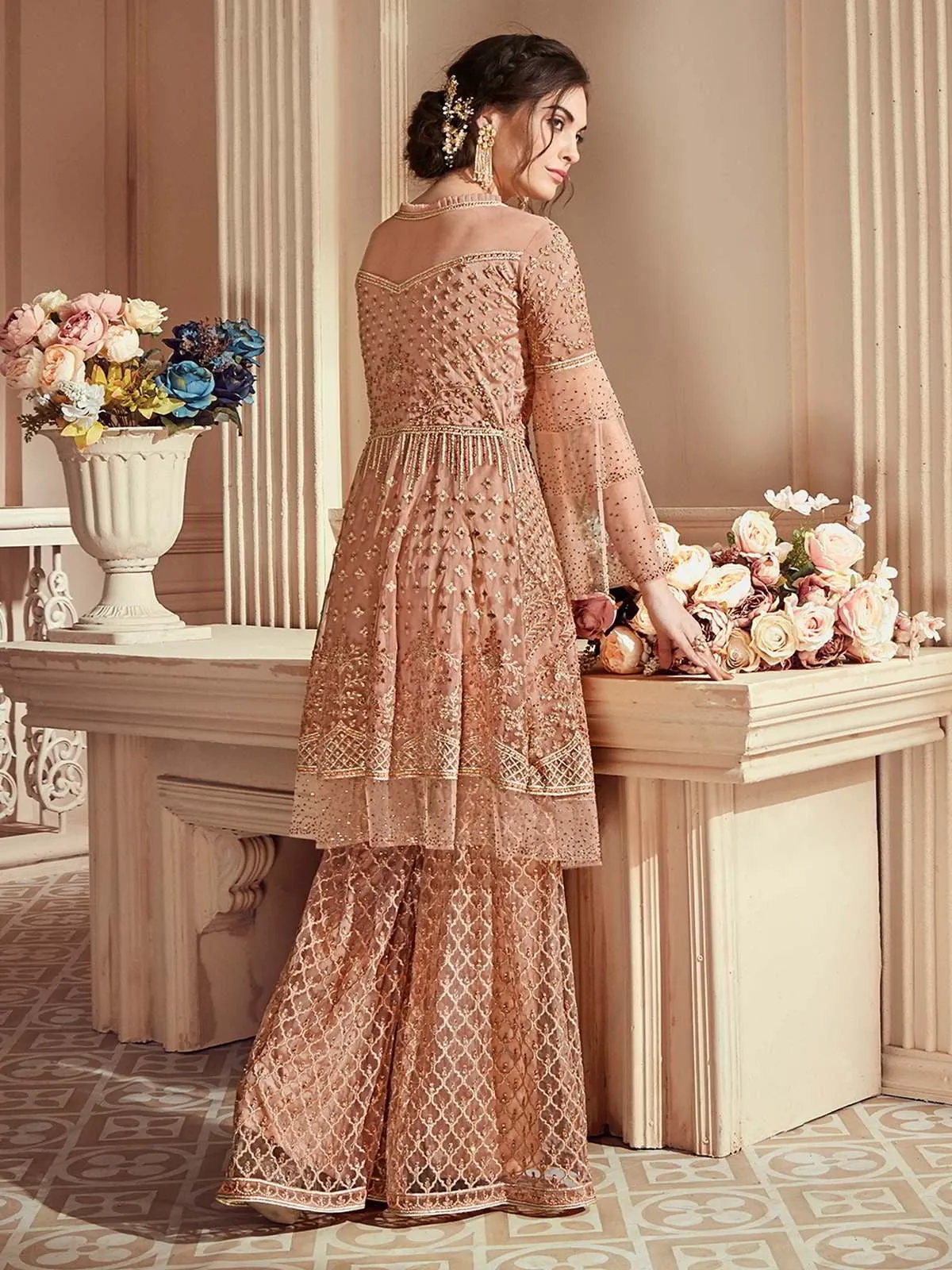 Peach Intricately Embroidered Pakistani Palazzo Suit