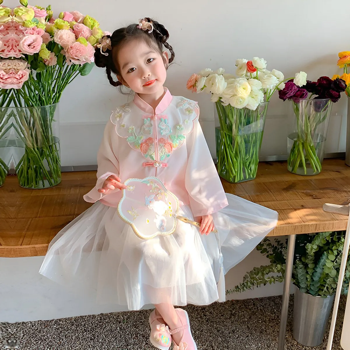 Pink and White Floral Girls Hanfu Two Piece Set