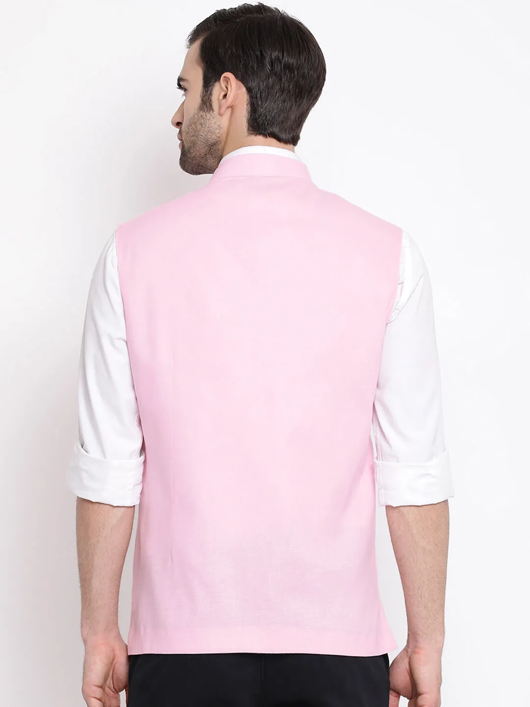 Pink Cotton Blend Nehru Jacket with Mandarin Collar