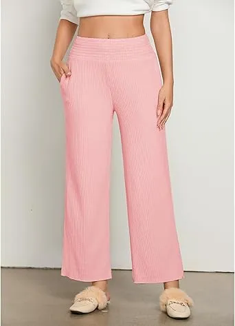 Pink Women's Ankle-Length High-Waist Pants Relaxed Fit Wide-Leg Pull-On Side Pocket