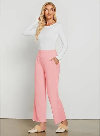 Pink Women's Ankle-Length High-Waist Pants Relaxed Fit Wide-Leg Pull-On Side Pocket