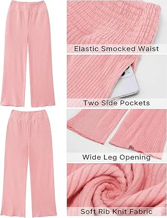 Pink Women's Ankle-Length High-Waist Pants Relaxed Fit Wide-Leg Pull-On Side Pocket