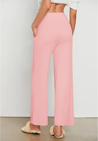 Pink Women's Ankle-Length High-Waist Pants Relaxed Fit Wide-Leg Pull-On Side Pocket