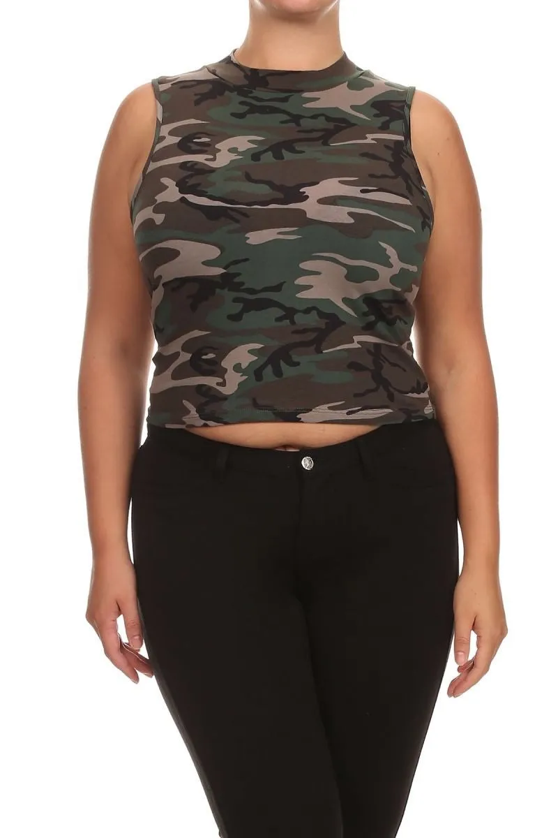 Plus Crop Top Camo Camouflage Sleeveless Shirt New Mock Print Sexy