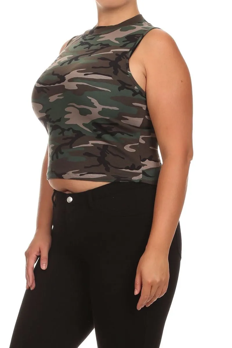 Plus Crop Top Camo Camouflage Sleeveless Shirt New Mock Print Sexy