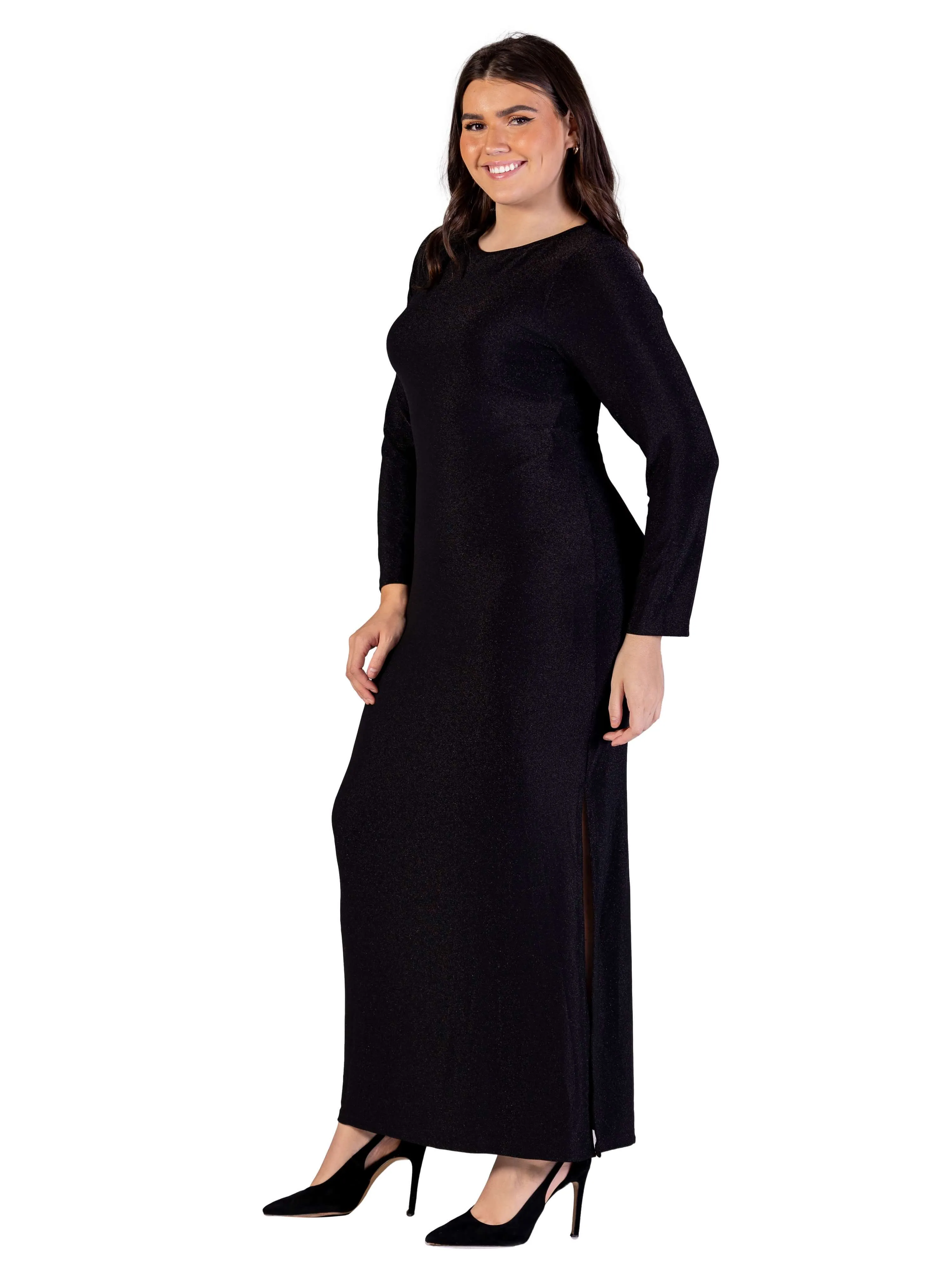 Plus Size Fitted Long Sleeve Shimmery Fabric Side Slit Maxi Dress