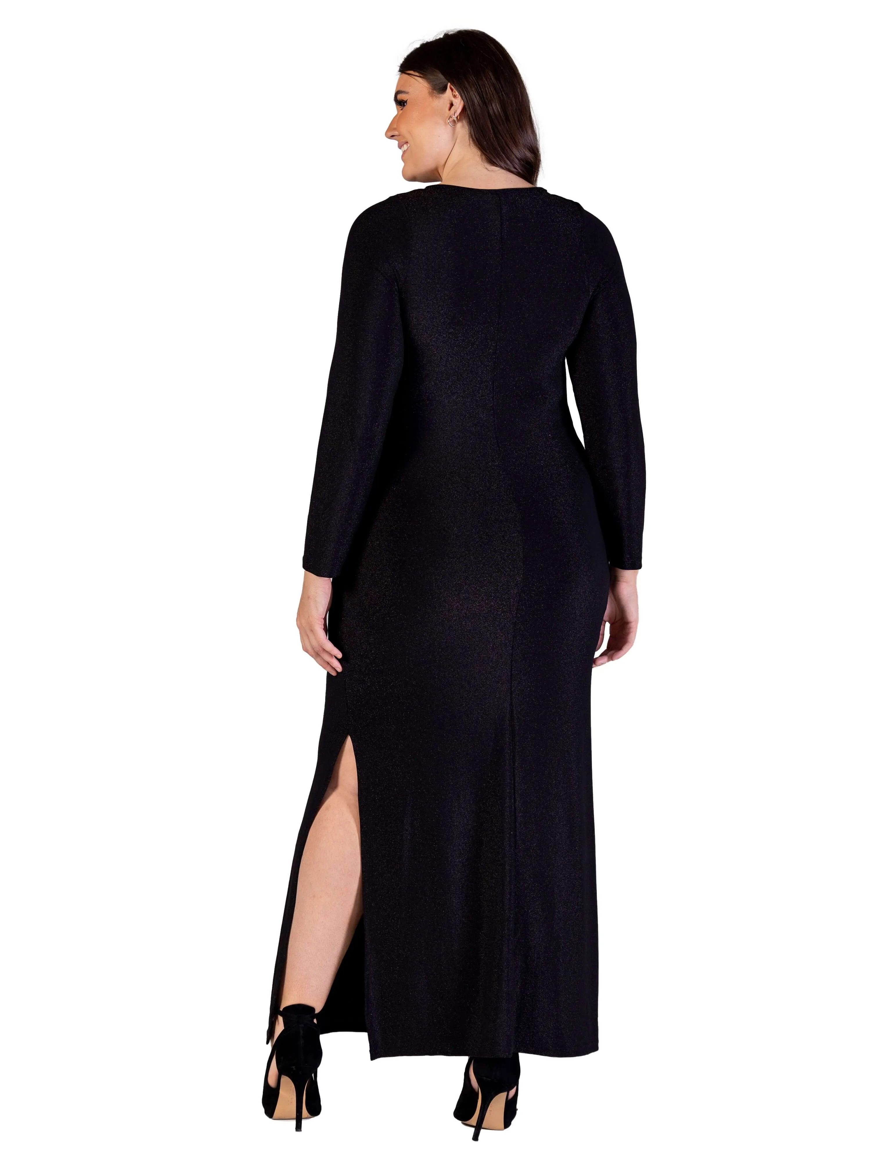 Plus Size Fitted Long Sleeve Shimmery Fabric Side Slit Maxi Dress