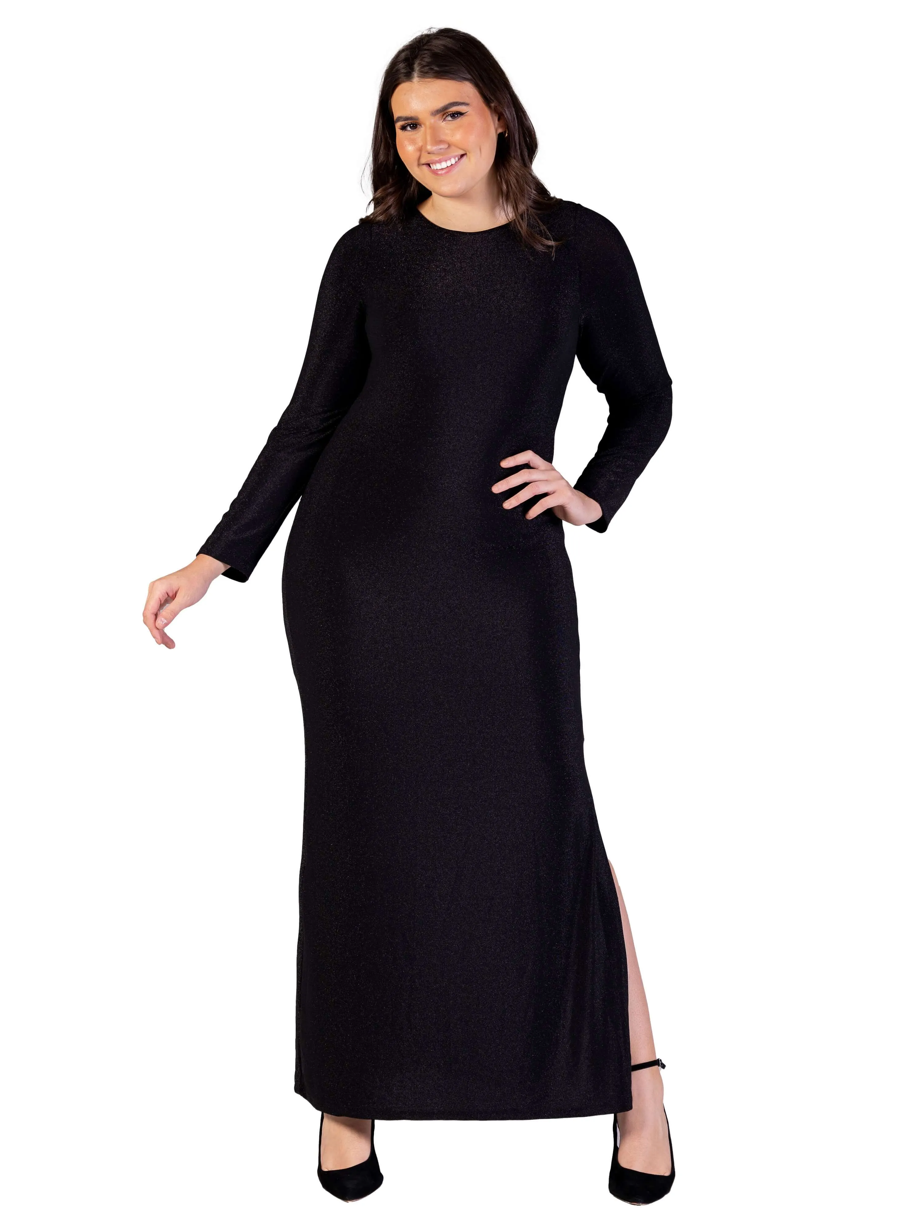 Plus Size Fitted Long Sleeve Shimmery Fabric Side Slit Maxi Dress