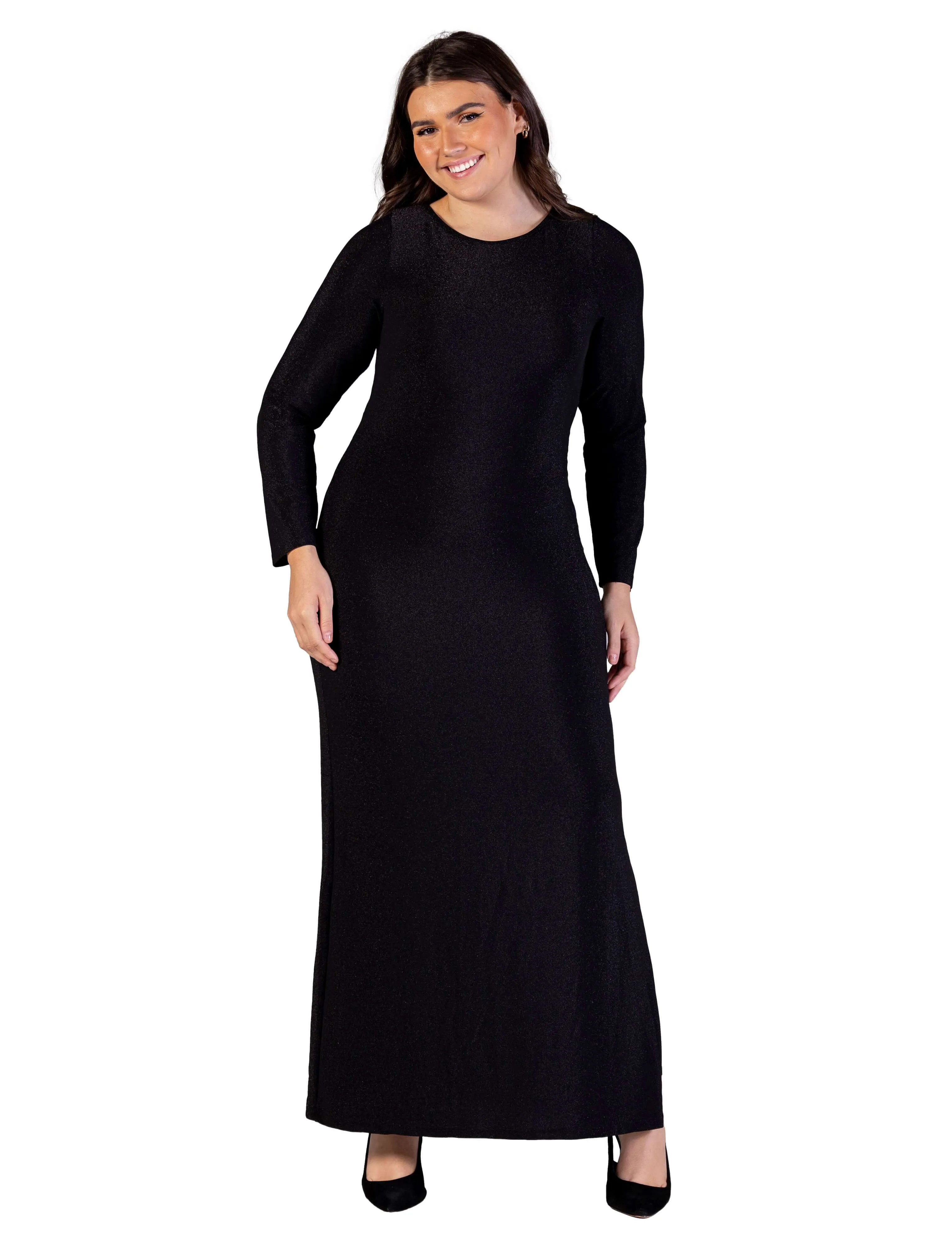 Plus Size Fitted Long Sleeve Shimmery Fabric Side Slit Maxi Dress