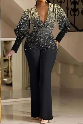 Plus Size Formal Gold Sequin V Neck Lantern Sleeve Long Sleeve Flared Pants Jumpsuits