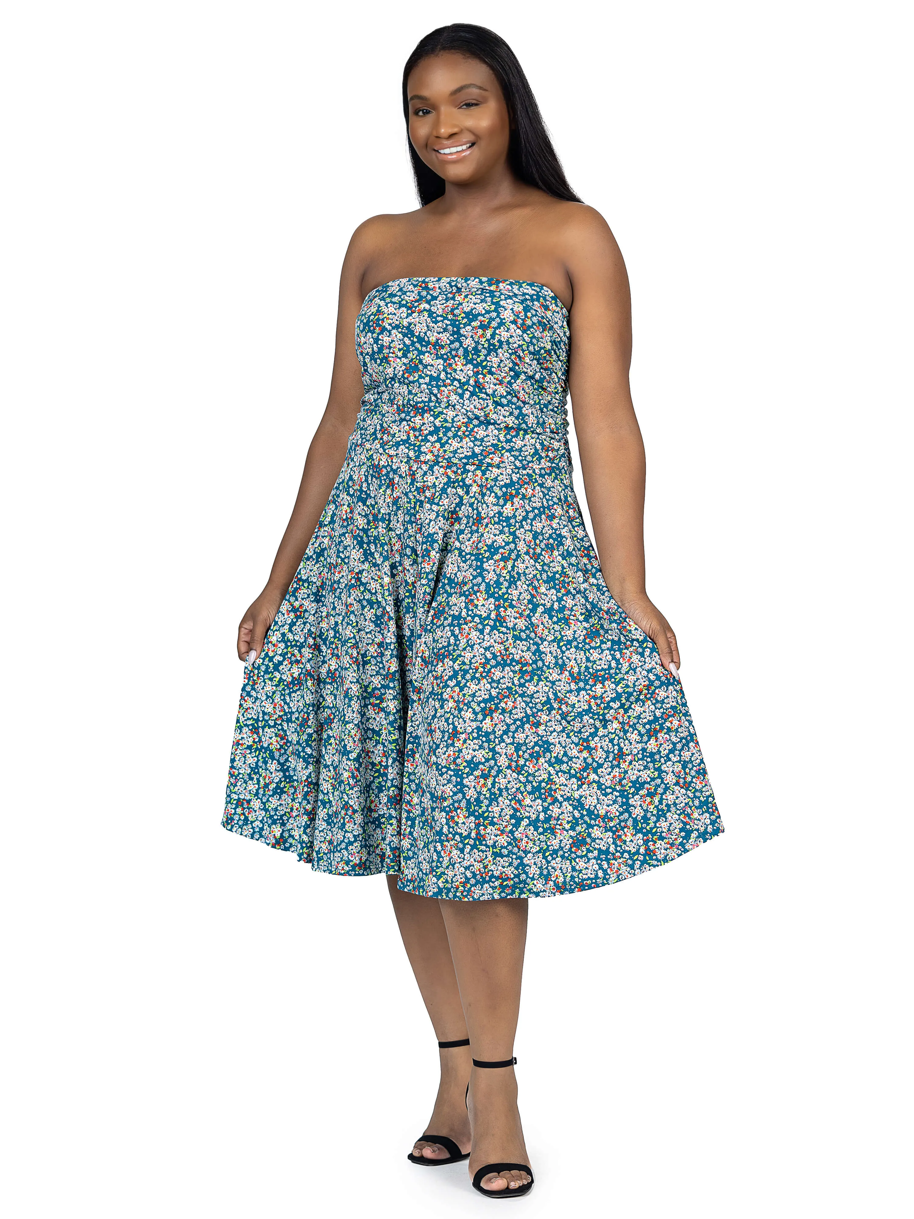 Plus Size Teal Floral Strapless Tube Top Flowy Knee Length Dress