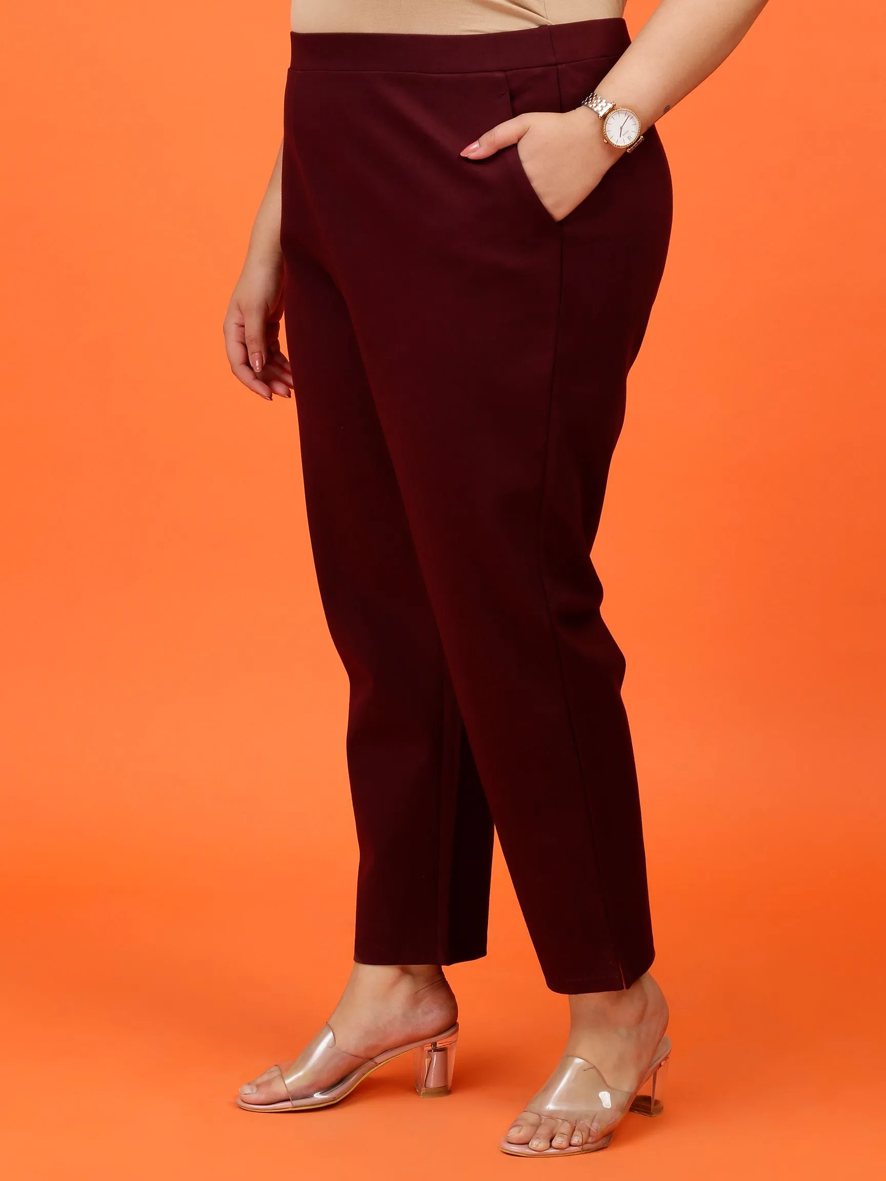 Plus Size Women Maroon Cigarette Pants