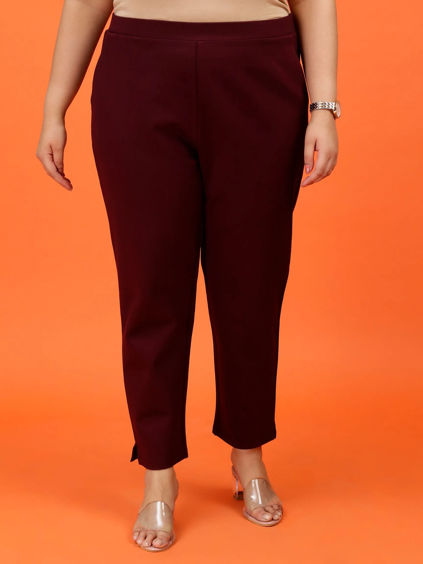 Plus Size Women Maroon Cigarette Pants