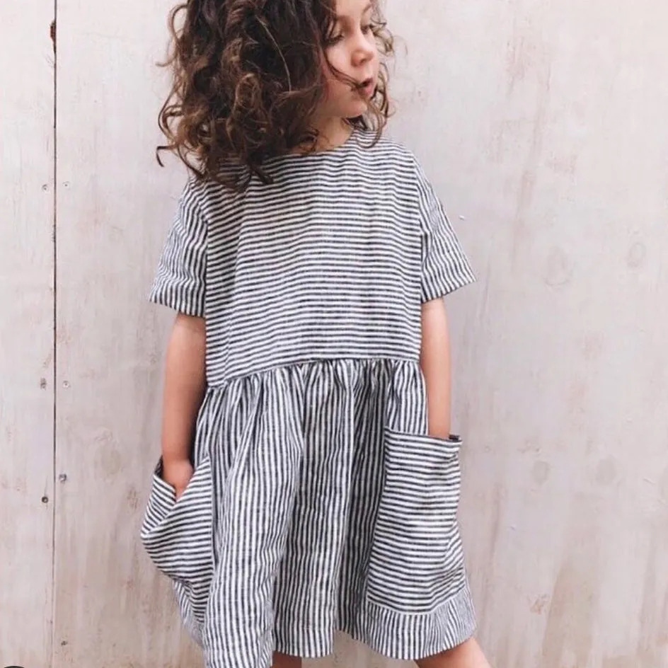 Pocket Dress - 100% Linen - Stripe Classic (6-18m) *Last ones