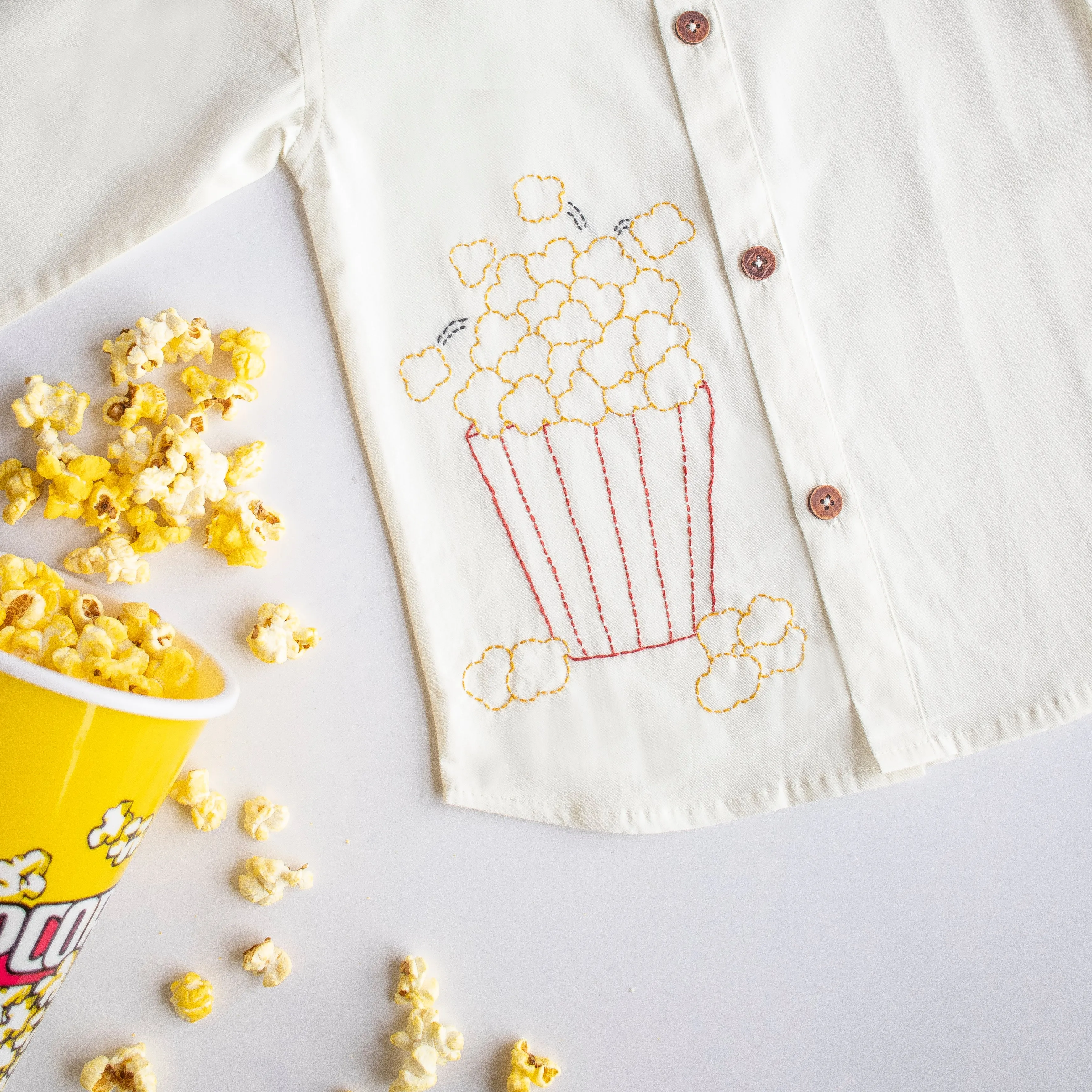 Popcorn Embroidered Unisex Shirt - White