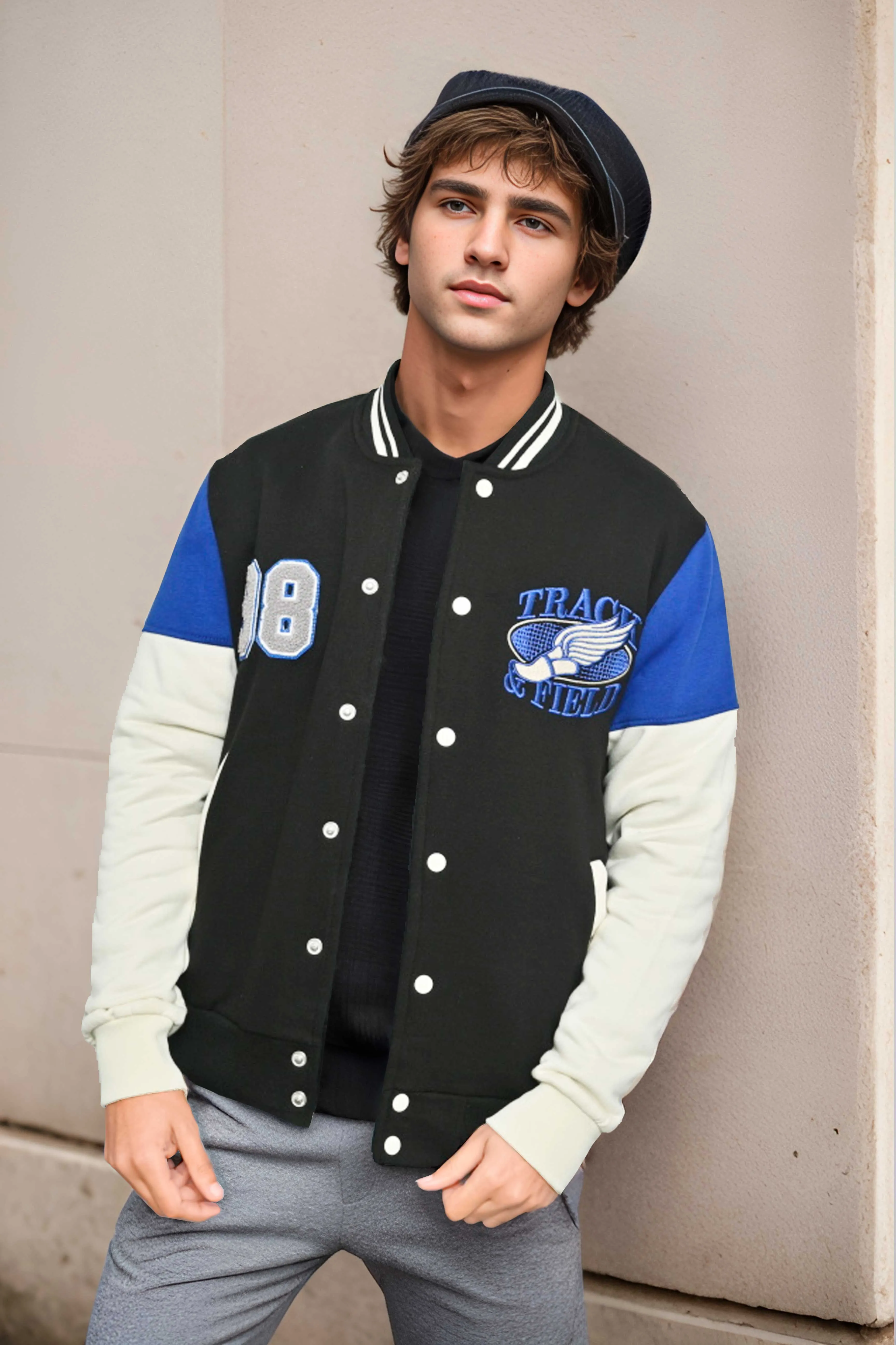 Primark Unisex Track & Field Embroidered Baseball Varsity Fleece Jacket