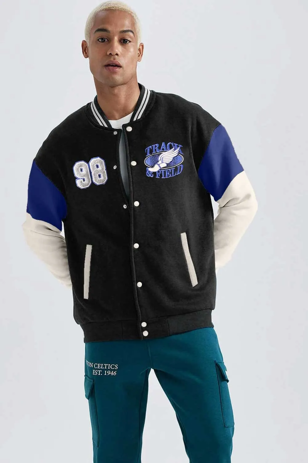 Primark Unisex Track & Field Embroidered Baseball Varsity Fleece Jacket