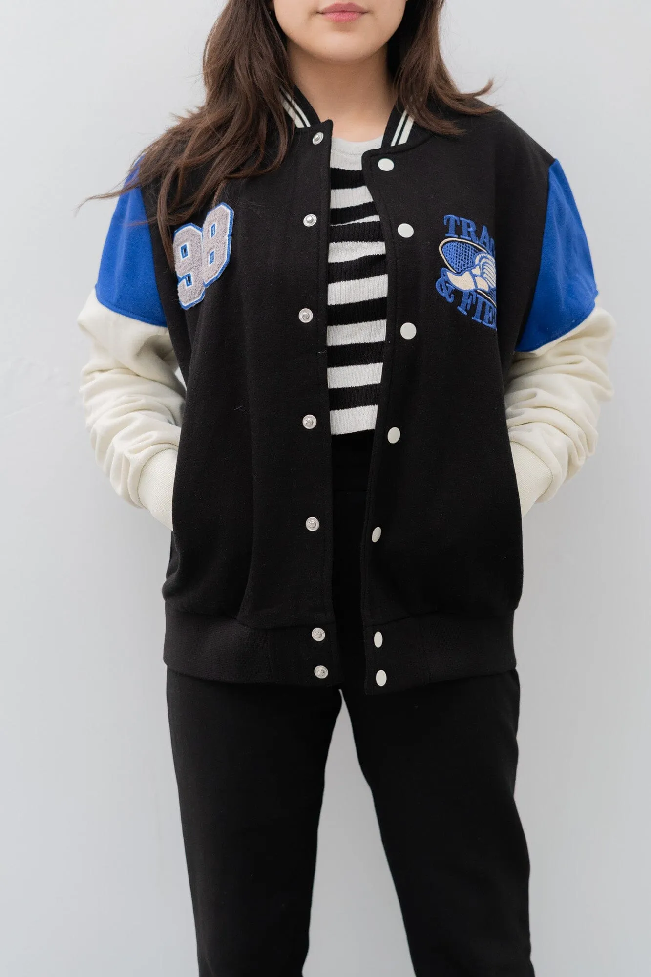 Primark Unisex Track & Field Embroidered Baseball Varsity Fleece Jacket