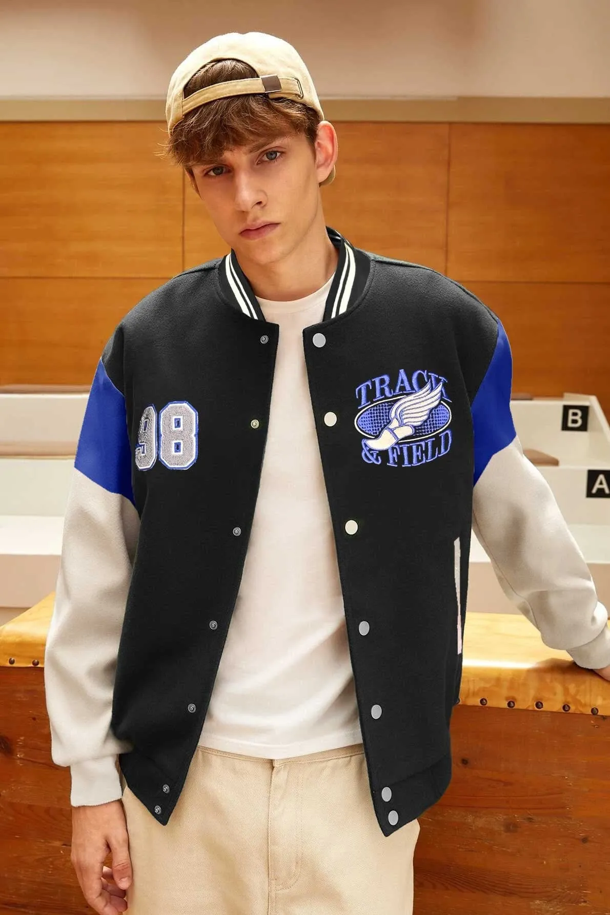 Primark Unisex Track & Field Embroidered Baseball Varsity Fleece Jacket