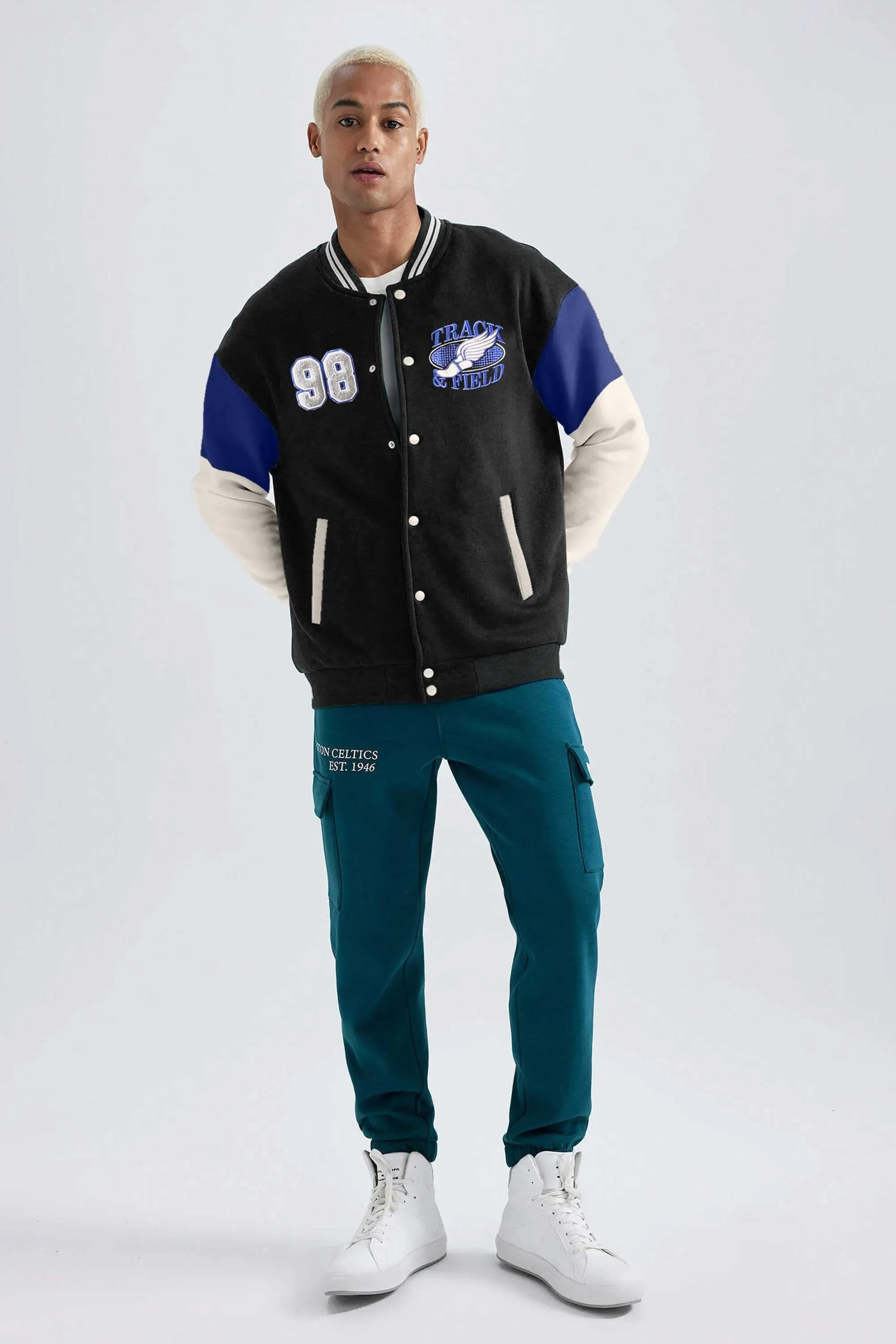 Primark Unisex Track & Field Embroidered Baseball Varsity Fleece Jacket