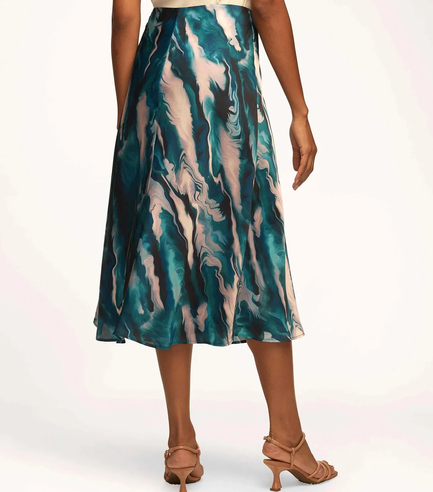 Printed Wash Satin Flared Skirt Ocean Blue Multi