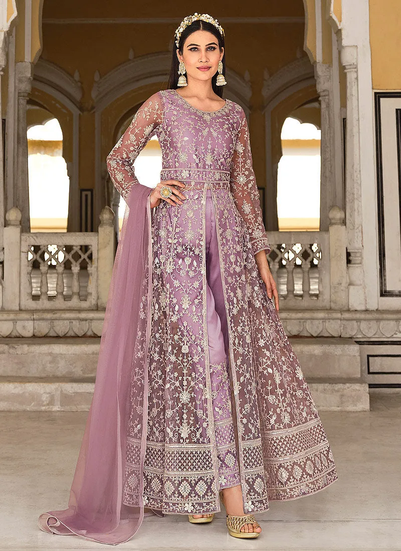 Purple Embroidered Designer Anarkali Lehenga/Pant Suit