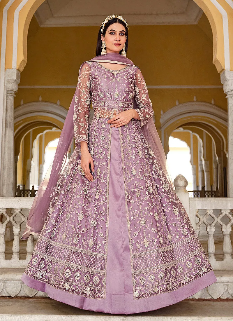 Purple Embroidered Designer Anarkali Lehenga/Pant Suit