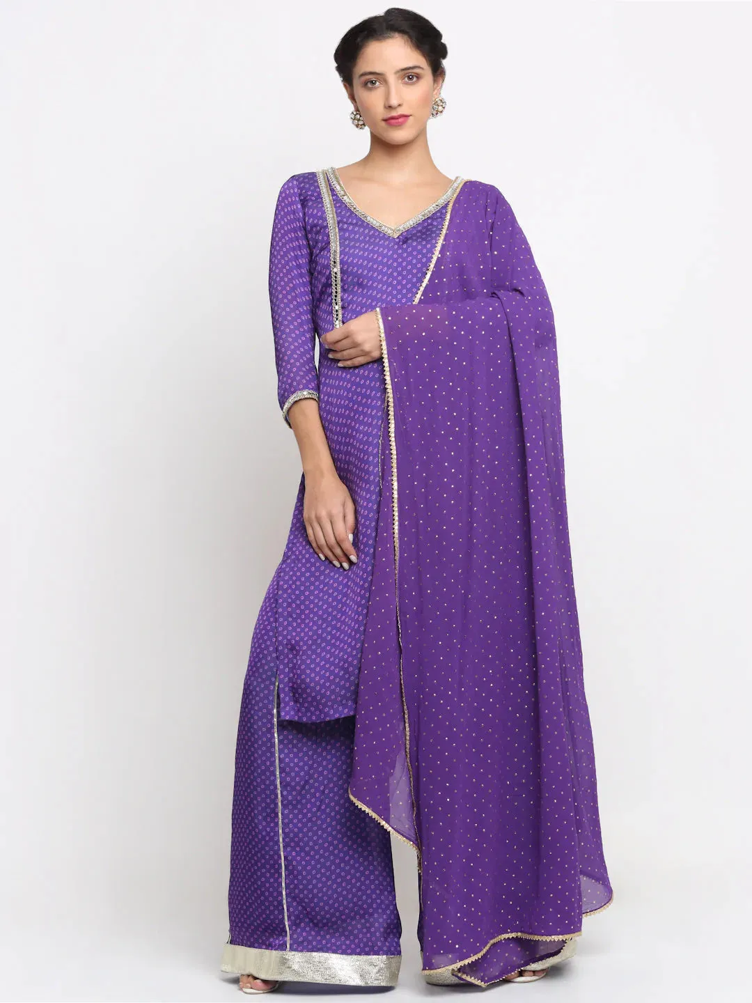 Purple Satin Georgette Bandhani Print Kurta Palazzo Set with Dupatta