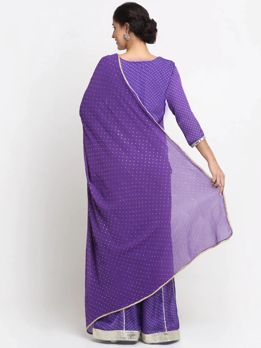 Purple Satin Georgette Bandhani Print Kurta Palazzo Set with Dupatta