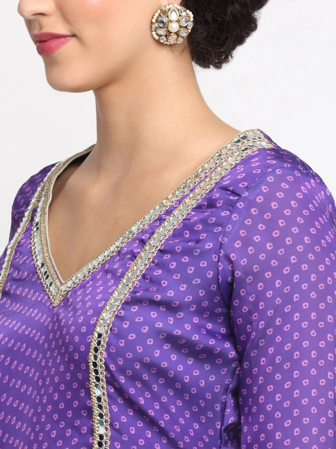 Purple Satin Georgette Bandhani Print Kurta Palazzo Set with Dupatta