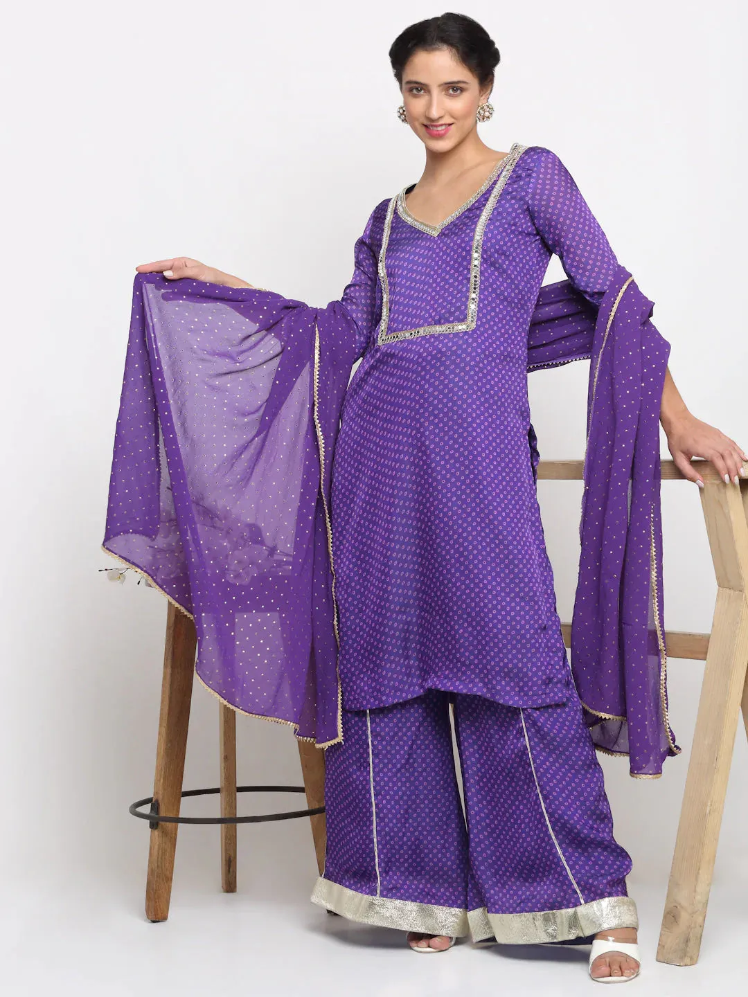 Purple Satin Georgette Bandhani Print Kurta Palazzo Set with Dupatta