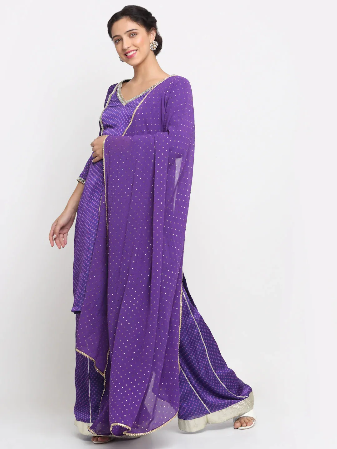 Purple Satin Georgette Bandhani Print Kurta Palazzo Set with Dupatta