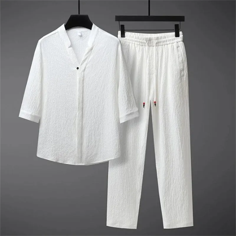 Quality Ice Silk Linen Spring Summer Suits Men Two Piece Sets