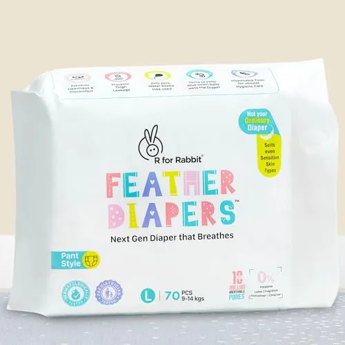 R for Rabbit Large L Size Premium Feather Diaper for Baby 9 to 14 kgs (70 Pack Offer)