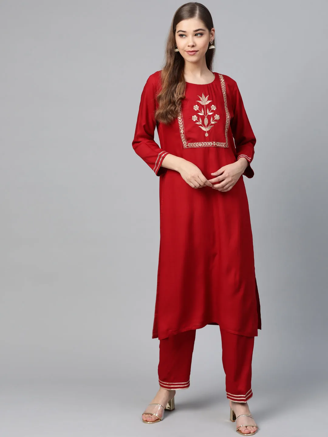 Red Motif Zari Embroidery Kurta With Red Pants