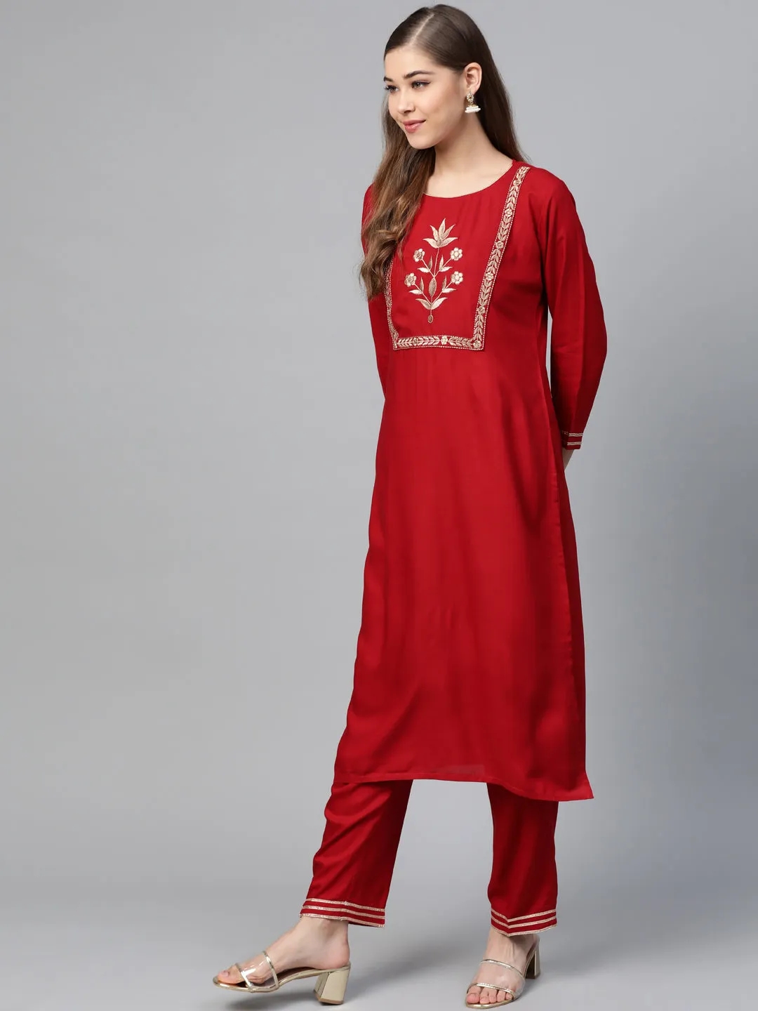 Red Motif Zari Embroidery Kurta With Red Pants