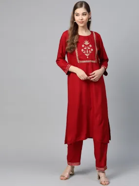 Red Motif Zari Embroidery Kurta With Red Pants