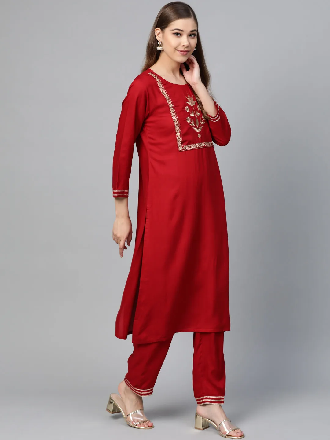 Red Motif Zari Embroidery Kurta With Red Pants