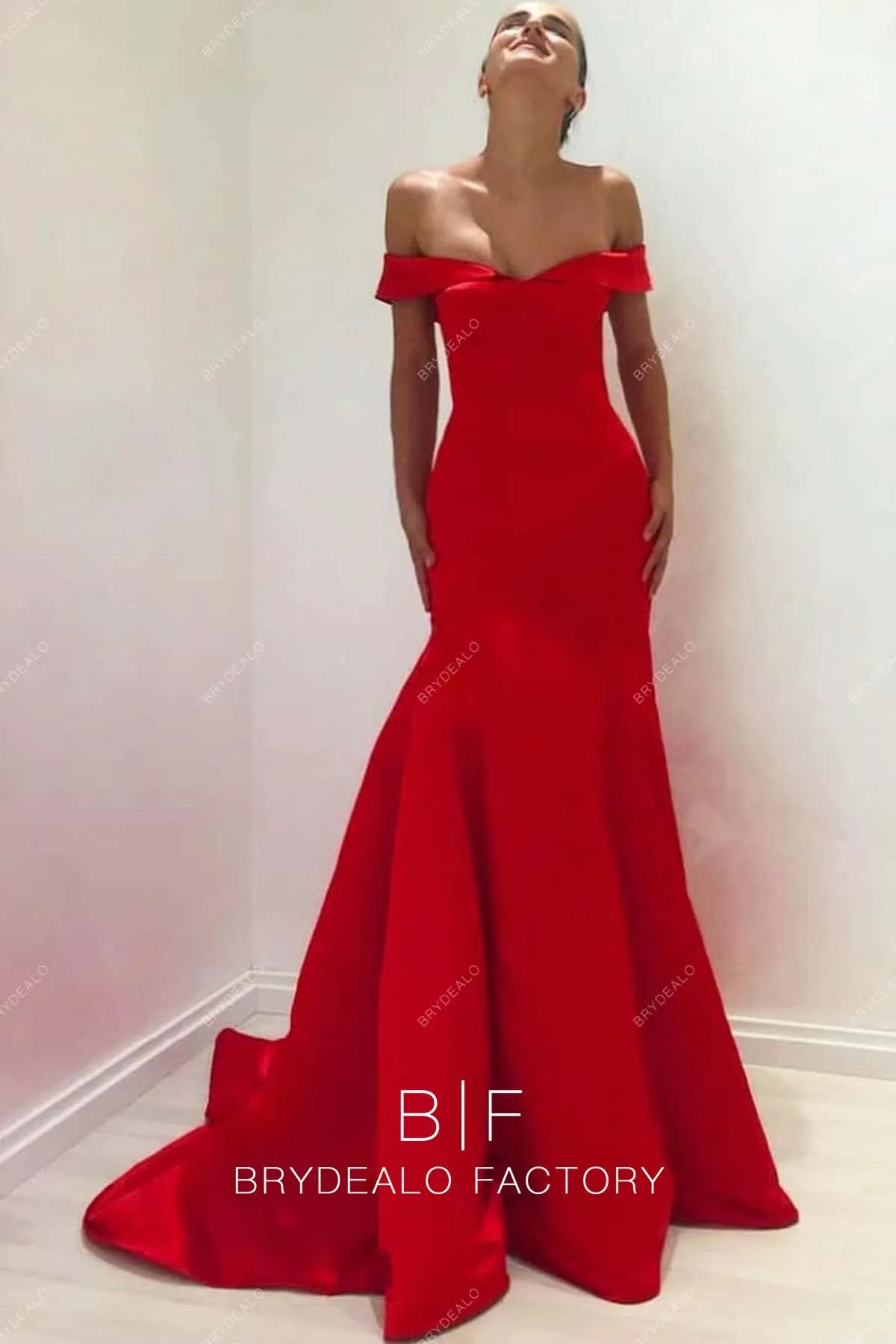 Red Off Shoulder Satin Elegant Trumpet Formal Evening Prom Gown