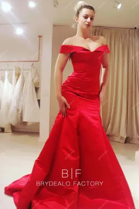 Red Off Shoulder Satin Elegant Trumpet Formal Evening Prom Gown