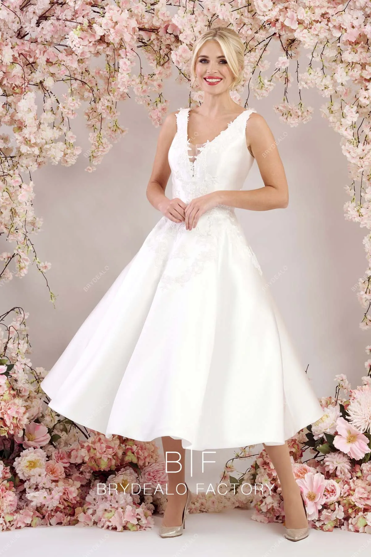 Refined Satin Plunging Neck Sleeveless Tea Length Vintage Bridal Dress