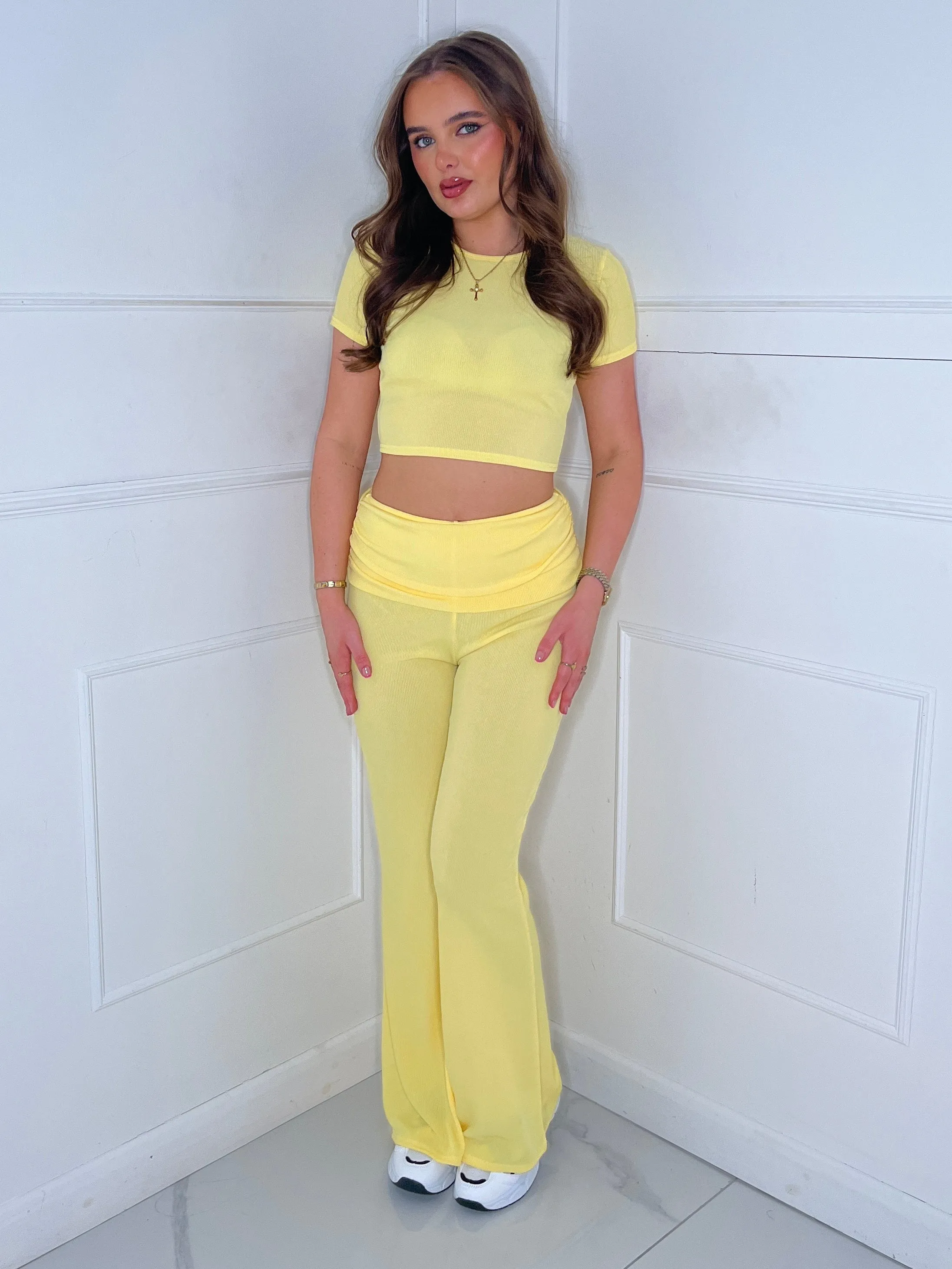 Ribbed Crop Top & Fold Over Flares Loungesuit - Yellow